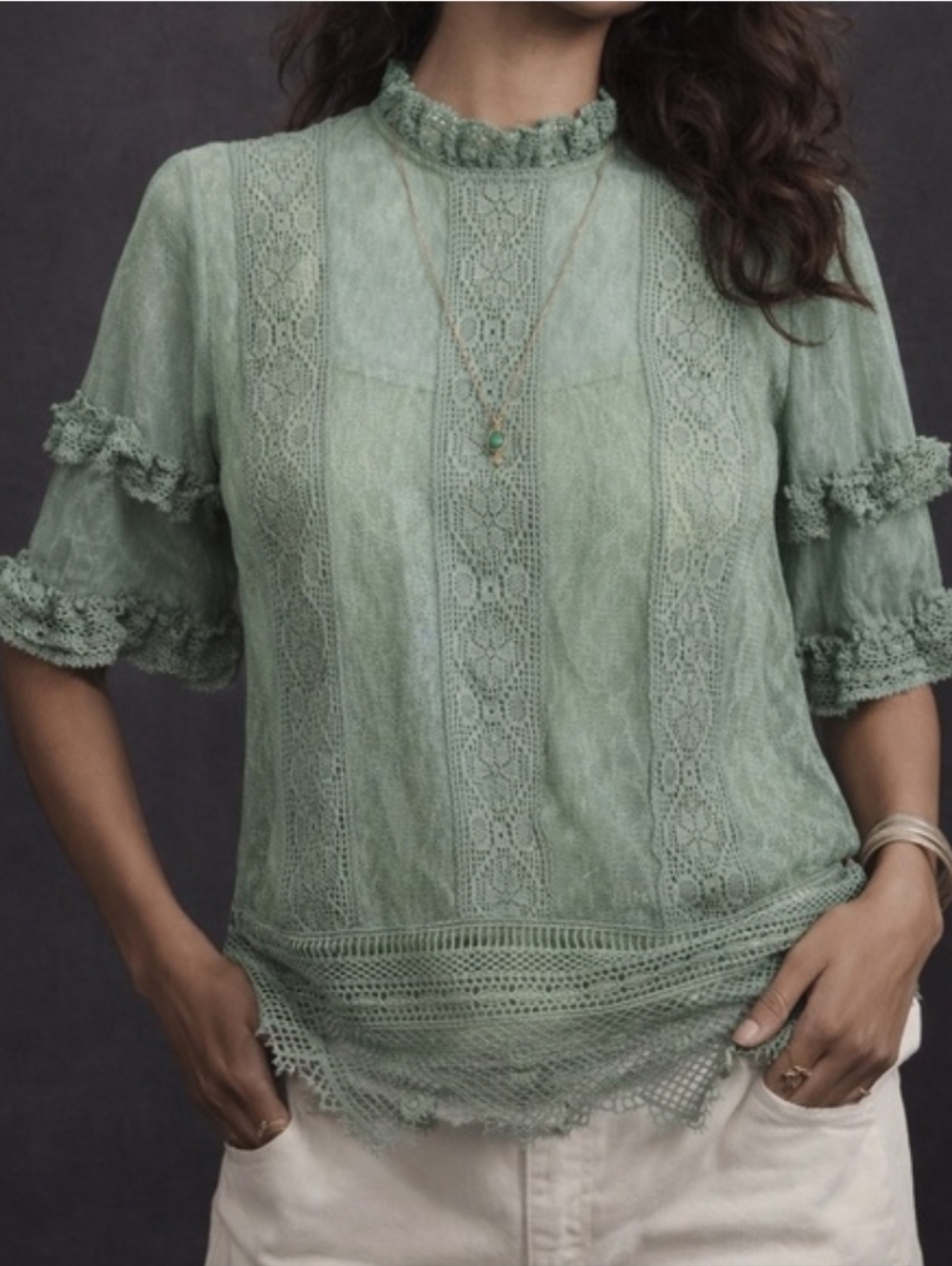 Anthropologie Blue Tassel Celadon Lace Top & Camisole (2pc) Large NWOT